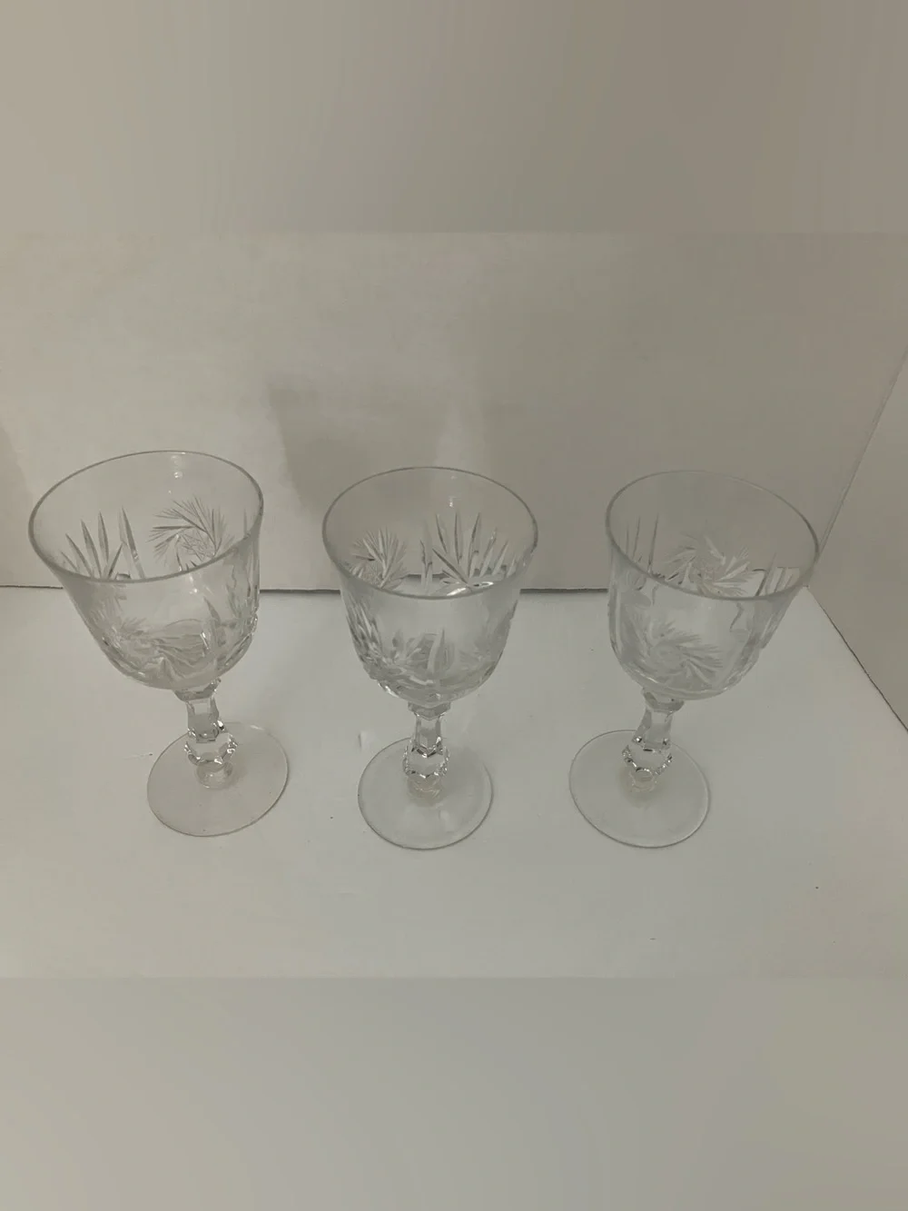 Vintage Czech Bohemian Etched Clear Crystal Wine Goblets - Set of 3